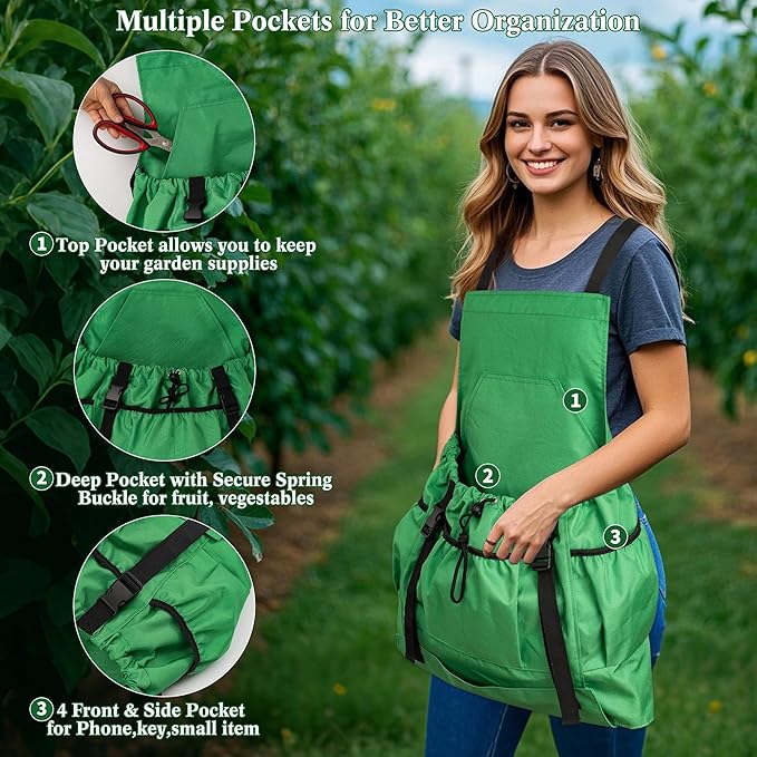 Gardening Apron for Women & Men, Garden Aprons with Pockets and Interal Drawstring Bag, Waterproof Adjustable Cross Back Harvest Apron for Fruit Picking Storage Weeding Garden Gift
