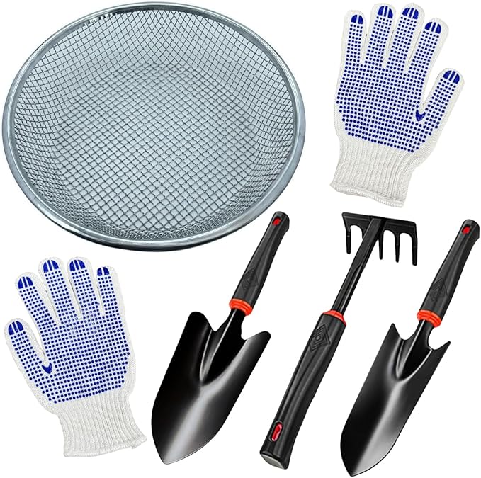 Garden Tool Set, Includes 1/4-inch Mesh Gardening Sifter, Trowel, Transplanter, and Cultivator for Outdoor Gardening, Ergonomic Yard Tool Kit