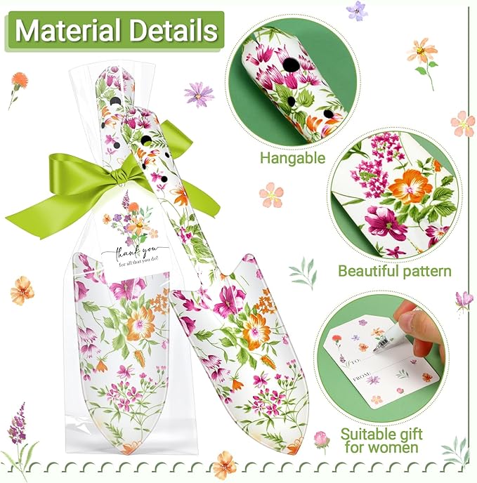 Capoda 12 Sets Floral Garden Shovels Bulk Gardening Gift for Women Mini Garden Tools Heavy Duty Floral Hand Trowels Thank You Cards with Gift Bags for Mom Birthday Teacher Employee(Green,Classic)