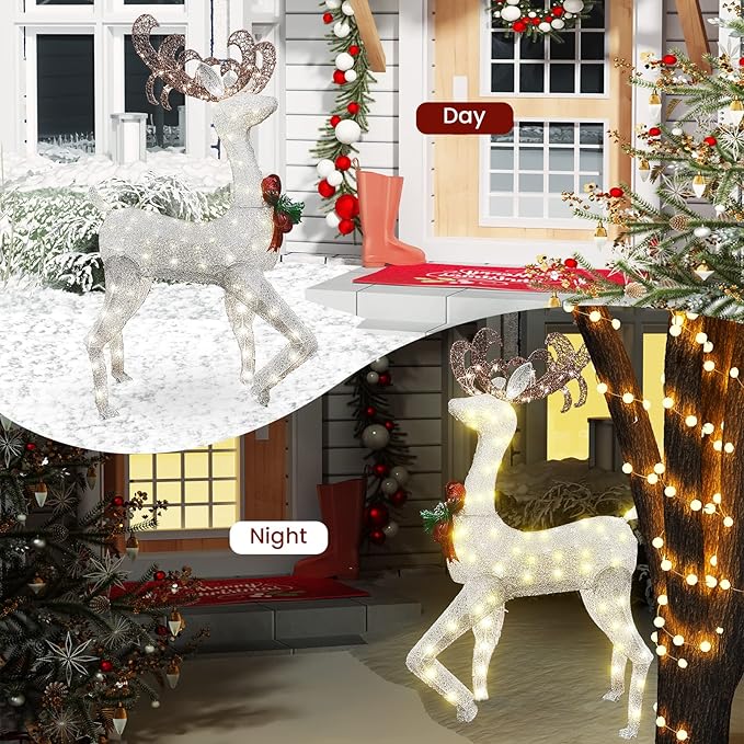 AWQM 3-Piece Lighted Christmas Reindeer, Christmas Deer Family Set with Red Bow, 50+80+100 LED Lights, Indoor or Outdoor Christmas Holiday Decoration for Yards Garden Lawn Patio Light Up Display,White