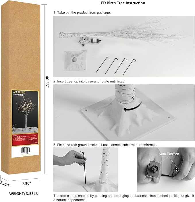 LIGHTSHARE 4 Feet Birch Tree, 48 LED Lights, Warm White, for Home, Festival, Party, and Christmas Decoration, Indoor and Outdoor Use