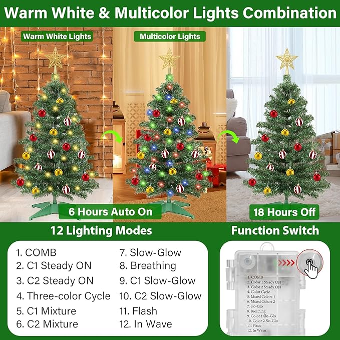 [ Timer & 12 Modes ] 3 Ft Christmas Tree with 50 Warm White & Multi Color Lights 15 Ball Ornaments 3D Star Remote Control Battery Operated Small Christmas Tree Xmas Christmas Decorations (Green PVC)