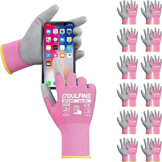 DULFINE Work Gloves for Men PU Coated 12 Pairs Bulk Pack,Pink Seamless Knit Glove with thin Polyurethane,Two Finger Touchscreen, for Men and Women, Ideal for Light Duty Work. (X-Small)