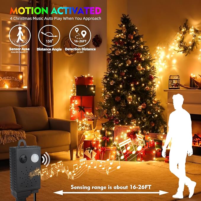 Motion Sensor Music Christmas Lights Outdoor Indoor, 108FT 300LED Christmas Tree Lights, Warm White Christmas String Lights for Tree Party Decorations