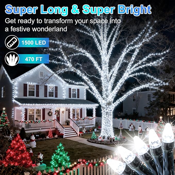 1500 LED 470FT Christmas String Lights, 12 Modes and Timer Memory Dimmable, Plug in Outdoor Waterproof Dark Green Wire Twinkle Light for for Xmas Yard Tree Wedding Party Halloween Decor (Cool White)