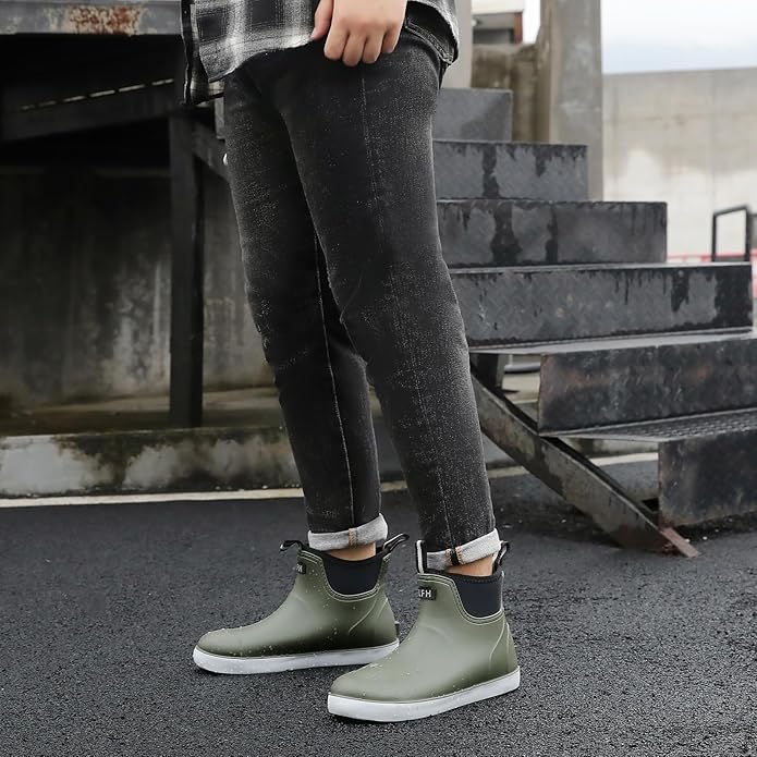 Mens Deck Boots, Saltwater Fishing Booties Rubber Waterproof Ankle Rain Boots, High-performance Footwear Chelsea Boots for Gardening Fishing Boating Camping Sailing