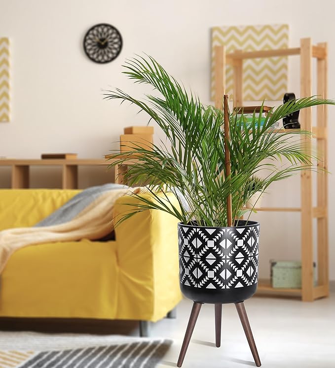 D'vine Dev 14 Inch Planter Pot with Stand, Mid-Century Tall Plant Pot with Legs for Indoor Plants, White/Black, 88-G-D-4