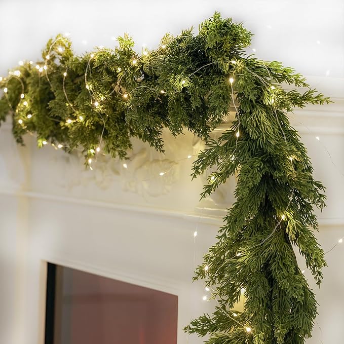 MISSPIN Christmas Garland with Lights, Real Touch Winter Cedar Pine Garland, Green Artificial Greenery Garland for Table, Mantle, Wall, Indoor, Outdoor Christmas Decorations