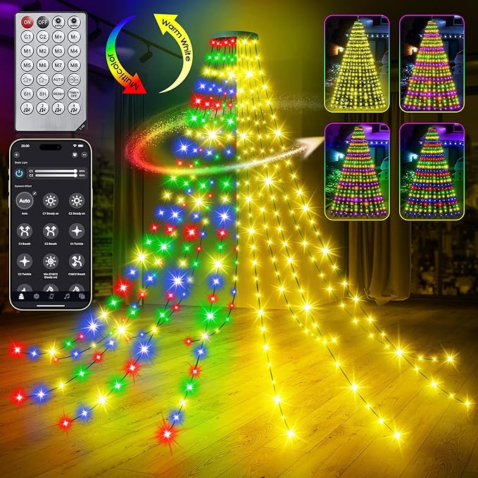 30+ Modes Ring Christmas Tree Lights Indoor Outdoor - 7.5Ft x 12 Lines 336 LED Easy App Control Color Changing Timer Remote Waterproof for 6 7 Ft Xmas Trees (Warm White to Multicolor)