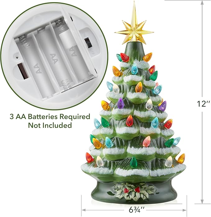 Casafield Hand Painted Ceramic Christmas Tree, Green Snow Flocked 12-Inch Pre-Lit Tree with 100 Multi Color Lights and 2 Star Toppers