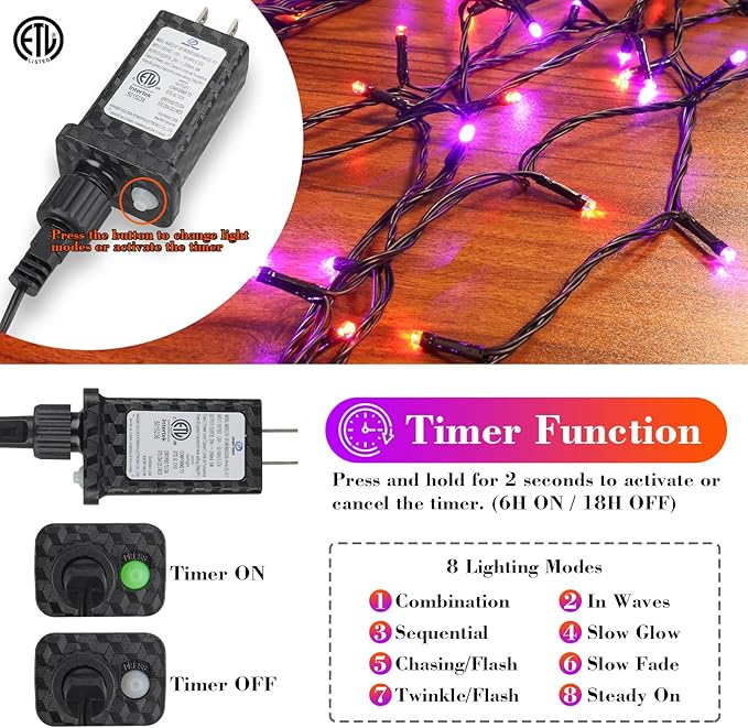 66FT 200 LED Halloween String Lights, Twinkle Lights with 8 Modes and Timer, Outdoor Waterproof Halloween Tree Lights for Room Bedroom Wedding Party Holiday Decorations, Purple and Orange