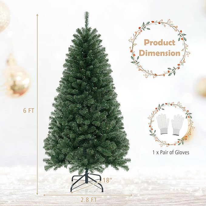 GOFLAME 6FT Prelit Artificial Christmas Tree, Hinged Xmas Tree with 568 Branch Tips, 200 Warm White LED Lights, 8 Lighting Modes, Holiday Decoration Tree for Home Office Party