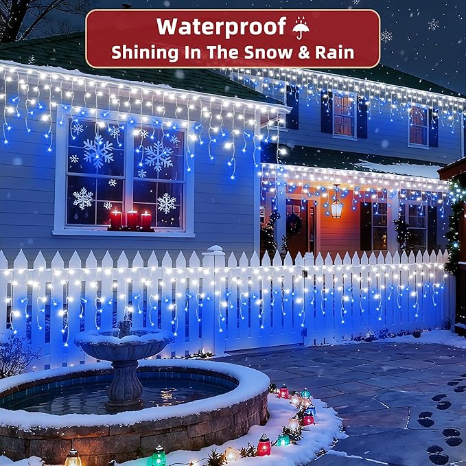 612 LED 60ft Christmas Lights with 136 Drops, 12 Lighting Modes Blue & White Christmas Decoration Twinkling Lights Dimmable, Timer Outdoor Waterproof Fairy Lights for Indoor Garden House Eaves Roof