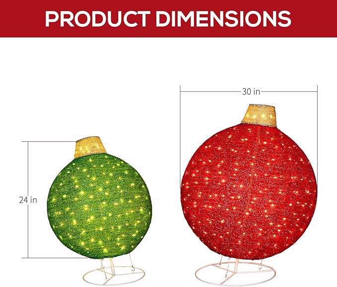Hykolity 2 Pack 30" & 24" Pop-Up Iron Christmas Ornament Set, 350 Warm White LEDs with UL Transformer, 8 Light Functions & 18H Timer, Red & Green