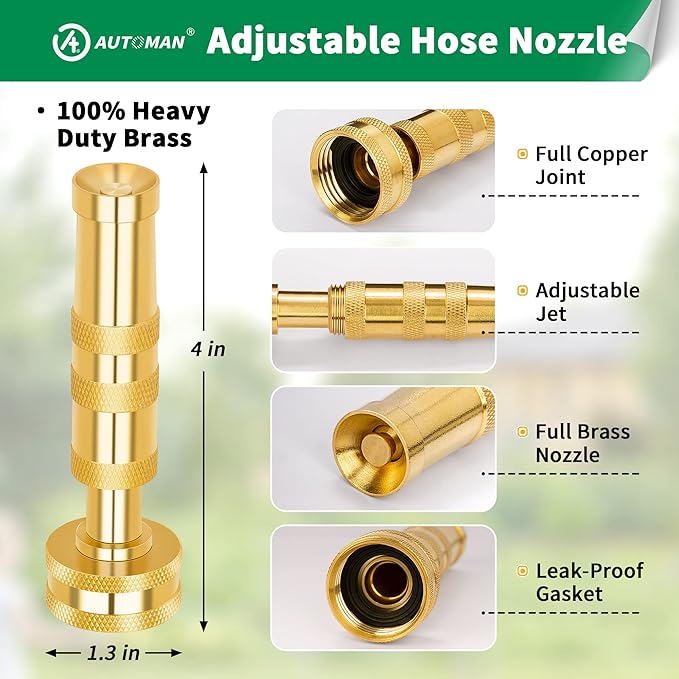 AUTOMAN Brass Hose Nozzle – High Pressure Jet Nozzles 3 Pack, Heavy Duty Sprayer for Garden Hoses, Adjustable Spray Gun,Solid Twist Water Hose Nozzle for Patio, Lawn, Car Wash, Extra 10 Rubber Washers