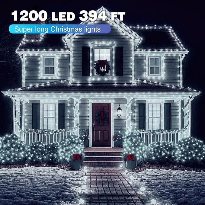 Christmas Lights 1200 LED 394 FT, IP67 Waterproof Christmastree Lights with 8 Modes, Remote Control 3 Timers & Memory Function Xmas Decorations for House and Holiday (Cool White)