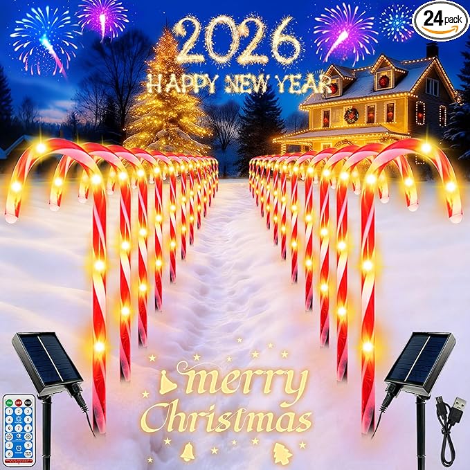 Upgraded 24 Pack Candy Cane Solar Christmas Lights Waterproof, Rechargeable Pathway Lights with Remote, Solar Powered & USB Charging Christmas Decorations Outdoor for Garden Lawn Yard Party