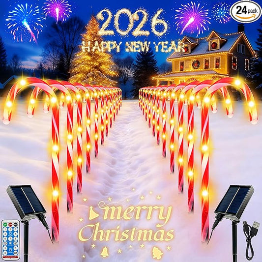 Upgraded 24 Pack Candy Cane Solar Christmas Lights Waterproof, Rechargeable Pathway Lights with Remote, Solar Powered & USB Charging Christmas Decorations Outdoor for Garden Lawn Yard Party