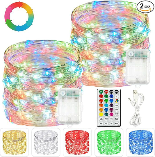 2 Pack Christmas Fairy Lights Battery Operated, 20FT 60LED RGB Color Changing String Lights, Indoor & Outdoor Twinkle Light with Timer and Remote for Bedroom Wedding Birthday Christmas Decorations