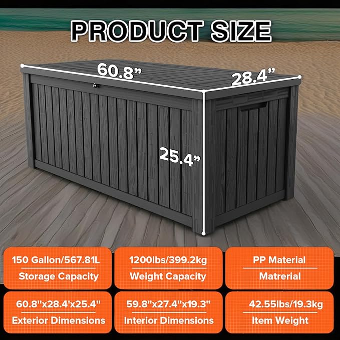 EasyUp 152 Gallon Deck Box Waterproof, UV Resistant Resin Outdoor Storage Box with Hydraulic Rod, Lockable Design and Enhanced Durability for Patio, Garden, and Poolside Use