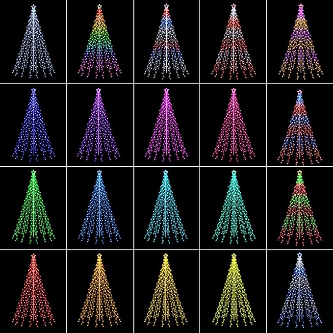 Lomotech RGB Color Changing Christmas Tree Lights - 10Ft 404 LED with 7.08" Topper, Remote Controll Waterproof Iron Pole Waterfall Holiday Tree Lights for Outdoor Christmas Decorations