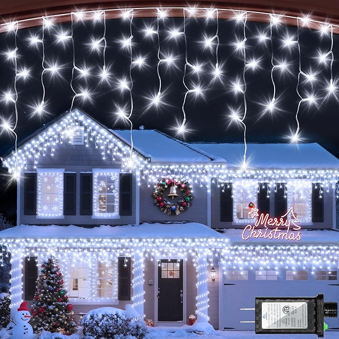 612 LED 60ft Christmas Lights with 136 Drops, 12 Lighting Modes Cool White Christmas Decoration Twinkling Lights Dimmable, Timer Outdoor Waterproof Fairy Lights for Indoor Garden House Eaves Roof