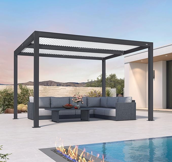 PURPLE LEAF Louvered Pergola 10' x 12' Outdoor Aluminum Pergola with Hidden Drainage System and White Adjustable Sun Shade Roof Patio Hardtop Small Pergolas for Deck Porch Garden