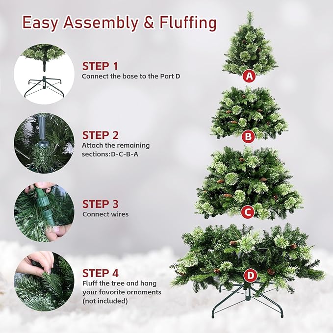 Kadunmina 7.5ft Artificial Christmas Tree Carolina Pine Tree, Unlit Hinged Premium Xmas Trees with 1645 Branch Tips, Pine Cones, Foldable Metal Stand for Home, Office, Holiday Party Decoration