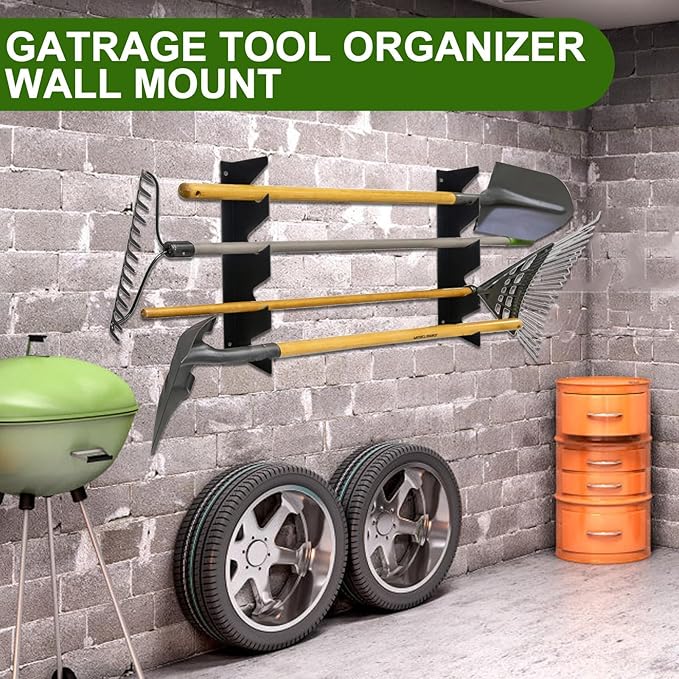 4Pcs Garage Tool Organizer Wall Mount Tool Storage Rack Shed Organization for Shovels, Rakes & Long-Handled Tools, Yard, Garden, Tool Organizers and Storage 15.35×3.94×0.98Inch, Black