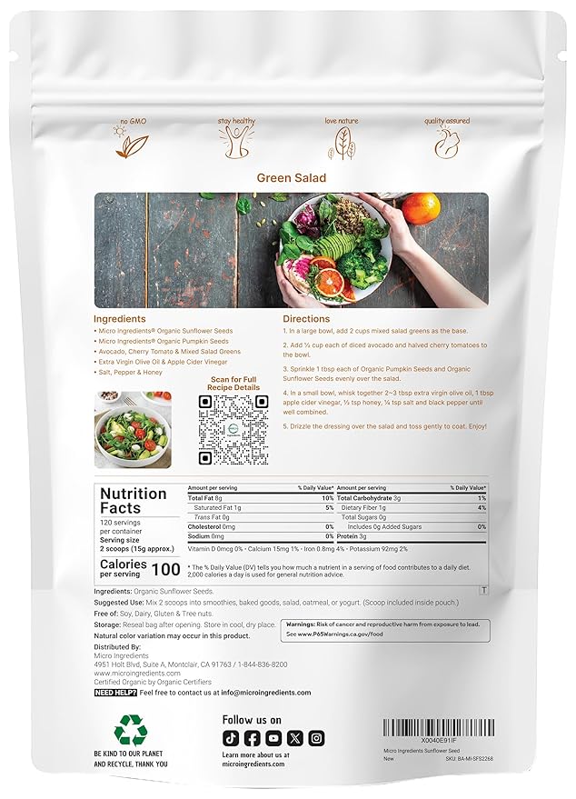 Organic Sunflower Seeds, 4lbs | Raw, Unsalted, & Shelled – Whole Kernels | Low Carb Snack | Great for Baking, Smoothies, & Salad Toppings | Non-GMO, Vegan, Plant Based