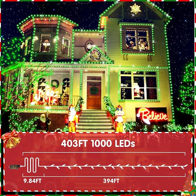 XURISEN 403FT 1000 LED Christmas Lights Outdoor Green Wire String Lights 8 Modes with Timer Memory Waterproof Fairy Light Plug in for Xmas Tree Wedding Yard Party Holiday Decorations(Green)