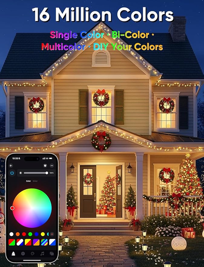 Ollny Smart Christmas Lights, 66FT 200 LEDs APP Control RGB Color Changing Christmas Tree Lights with Remote, Programmable DIY Musical Waterproof Decor Light with Timer for House Indoor Outdoor House