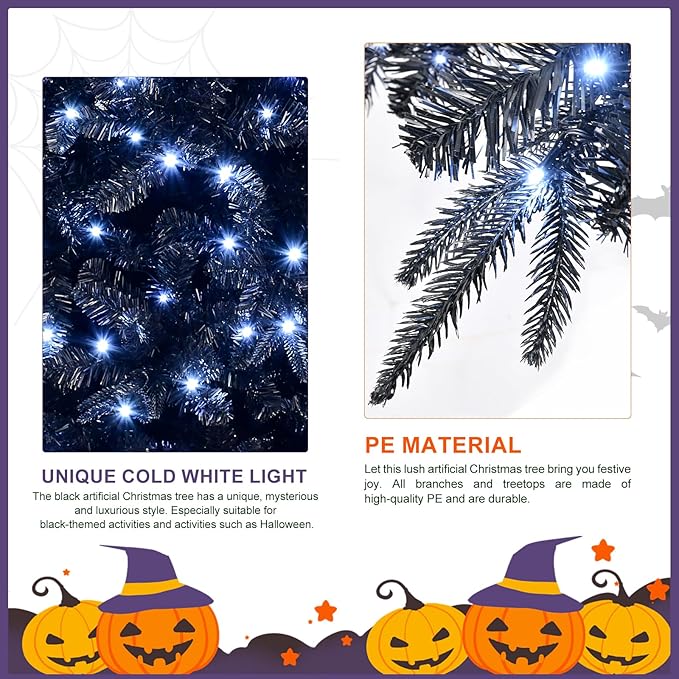 7FT PreLit Black Christmas Tree with 450 Lights, Artificial Fake Christmas Tree with 1916 PE&PVC Branch Tips, Halloween and Xmas Tree for Holiday Decorations, Metal Stand and Hinged Branches