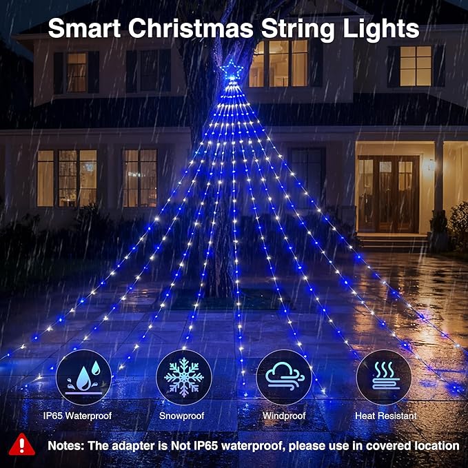 23FT RGB Color Changing Outdoor Christmas Decorations Hanging Waterfall String Lights with Star, APP&Remote Control, Music Sync, DIY Scenes, Waterproof LED Lights for Trees, Roof, Yard&Holiday Decor