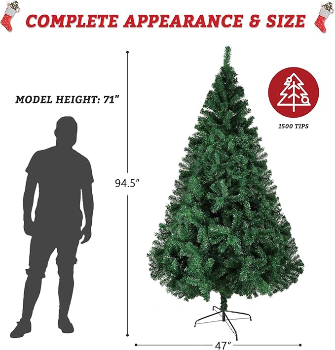 8ft Artificial PVC Christmas Tree with 1500 Tips & Metal Stand Gorgeous Faux-Pine Xmas Tree Seasonal Holiday Decoration for Home,Office and Party