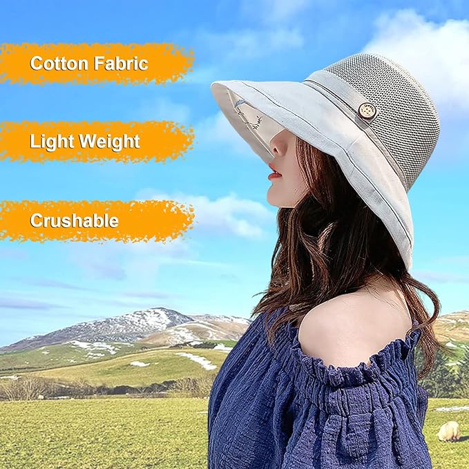 Women Wide Brim Sun Hats Metal Wired Edge Summer UV Protection Beach Fishing Hat for Hiking Garden Travel Chin Strap