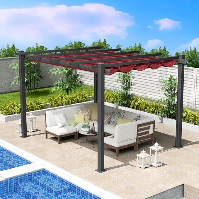 Kozyard Morgan Outdoor Retractable Pergola with Sun Shade Canopy Patio Aluminum Pergola Shelter for Backyard Deck Garden Modern Metal Grill Gazebo (10' x 12', Burgundy)