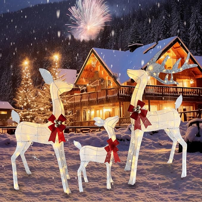 4ft Outdoor Lighted 3D Reindeer Christmas Decorations, 3-Piece Reindeer Family Set with 240 LEDs, Bells, Red Bows, Durable All-Weather Metal Frame for Yard, Garden, Indoor Holiday Decor