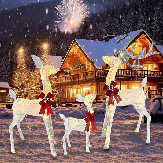 4ft Outdoor Lighted 3D Reindeer Christmas Decorations, 3-Piece Reindeer Family Set with 240 LEDs, Bells, Red Bows, Durable All-Weather Metal Frame for Yard, Garden, Indoor Holiday Decor