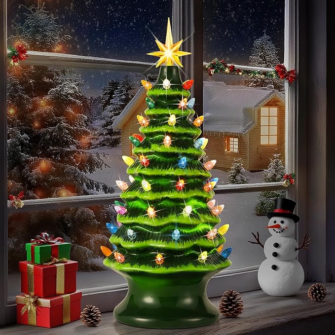 Lakumu 16.5" Table Top Christmas Tree, Hand Painted Resin Christmas Tree with Lights, Pre-lit Xmas Tree Decor Lighted Tabletop Decoration with Multicolored LED Bulbs, Ceramic-Like Finish