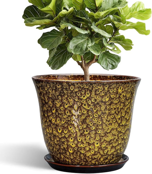 12 Inch Plant Pot - Ceramic Pots for Plants with Drainage Hole and Saucer, Round Planter for Indoor Outdoor, Large Flower Pots, Modern Planter, Patio House Decor, Plant Lovers Gifts, Yellow