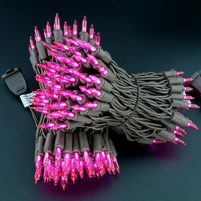 YULETIME 200 Pink LED Christmas Lights, 66 Feet Brown Wire UL Certified Commercial Grade Holiday String Light Set