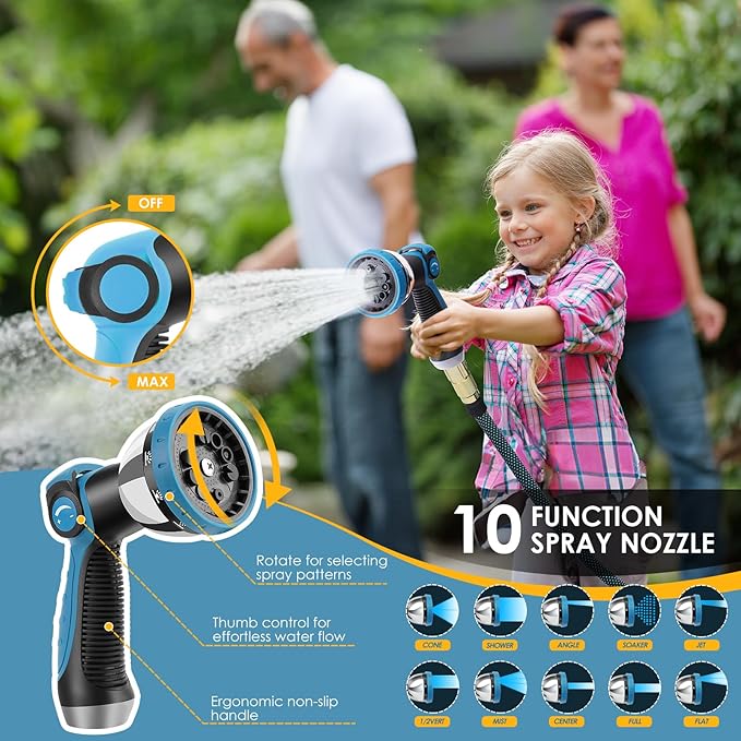 Non-Expanding Garden Hose 100 ft, Flexible Water Hose with 10 Function Spray Nozzle, Lightweight Hose Pipe, Leak-Proof, Durable, Kink-Resistant, 3/4 Inch Connector, Portable Storage Strap
