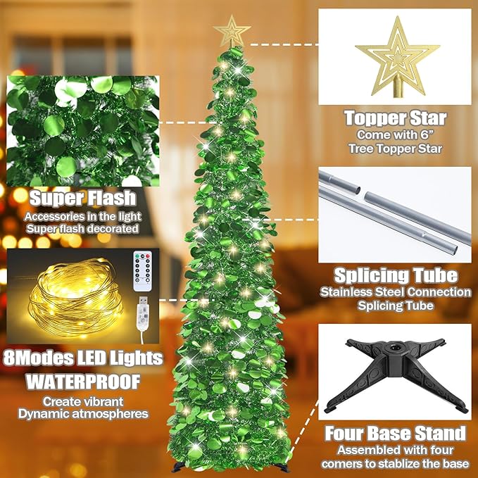 HMASYO 6 FT Pop Up Christmas Tree with 100 LED Lights & Remote, Green Christmas Tinsel Tree, Collapsible Artificial Pencil Tree for Home Office Party Decor, USB Powered Timer Lights, Easy Assembly