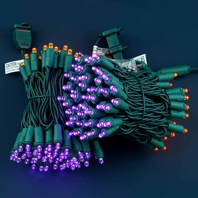 YULETIME Orange and Purple Wide Angle LED Christmas Lights 200 Count 50 ft, Pack of 2 Strands 25 ft 100 Lights UL Certified String Light Set (Orange & Purple)