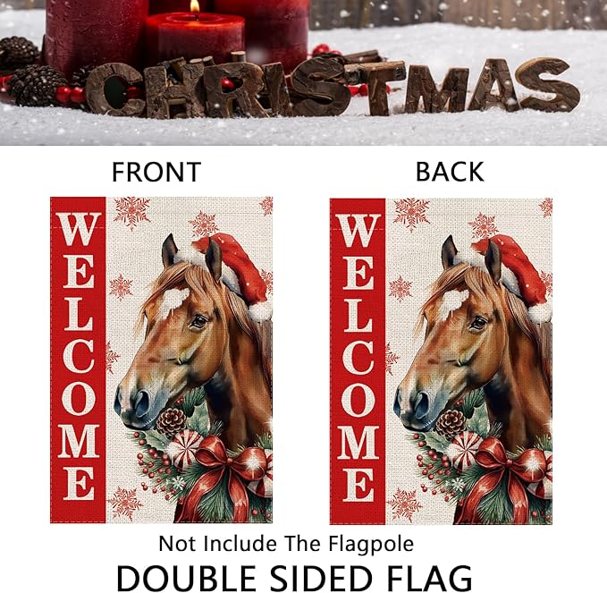 Christmas Garden Flag Welcome Xmas Horse Winter Holiday Decorations Burlap Vertical Double Sided Farmhouse Yard Lawn Outdoor Decor 12.5 x 18 Inch