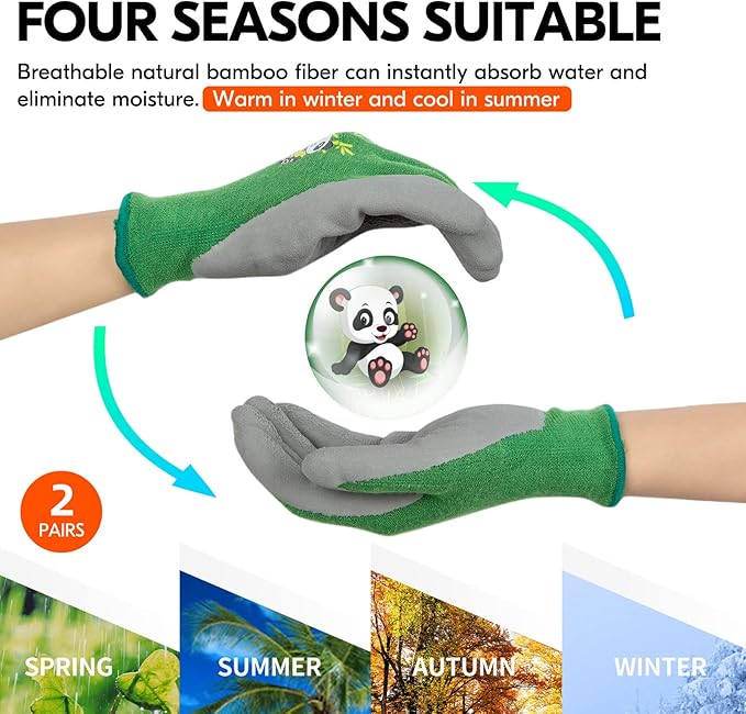 Vgo... 2-Pairs Age 5-7 Kids Garden Gloves, Bamboo Fibre Toddler Gardening Gloves, Children Yard Safety Work Gloves,Rubber(Size XXS, Green, KID-RB6026)