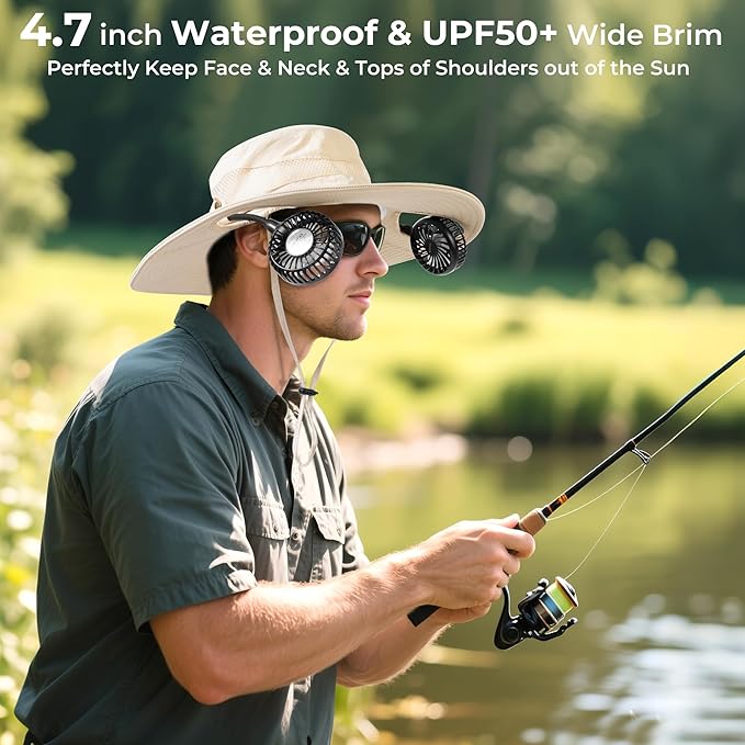 2-in-1 Hands-Free Hat Fan Neck Fan UPF 50+ Wide Brim Sun Hat 16Hrs Running 3-Speed Fishing Essentials for Men Women