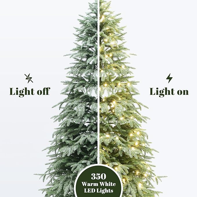 LuxenHome 6.5FT Prelit Christmas Tree with Lights, Green Flocked Artificial Christmas Tree with 350 LED Lights, 688 PE Branch Tips, Plug-in Prelit Pine Tree Indoor, Outdoor Holiday Décor