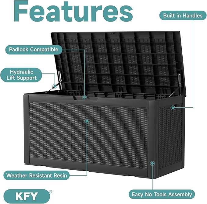 deck box,100-gallon indoor and outdoor storage box made of waterproof and sun-resistant resin material, meeting storage needs for the living room, patio, swimming pool, and toolshed（black）